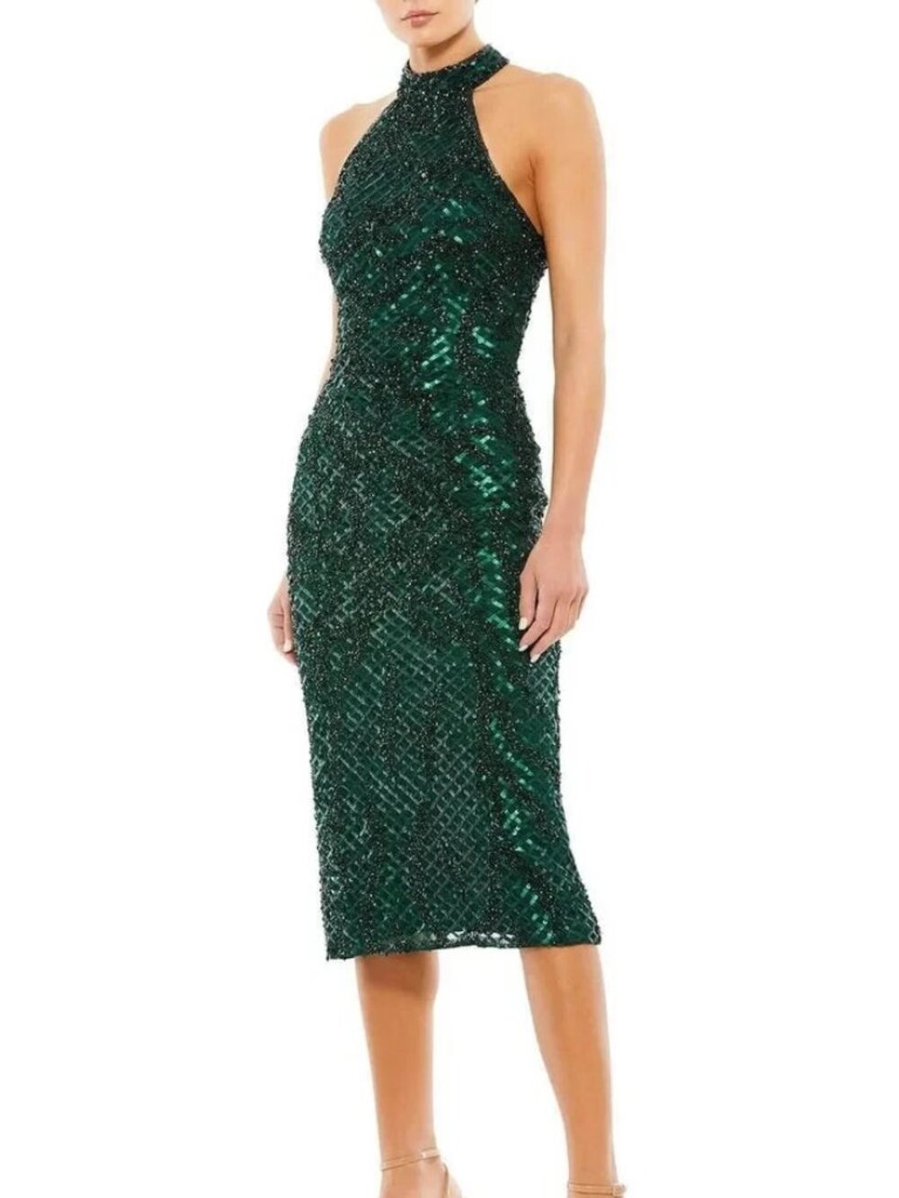 Mac Duggal Bottle Green Lattice Sequined Beaded Halter Midi Dress